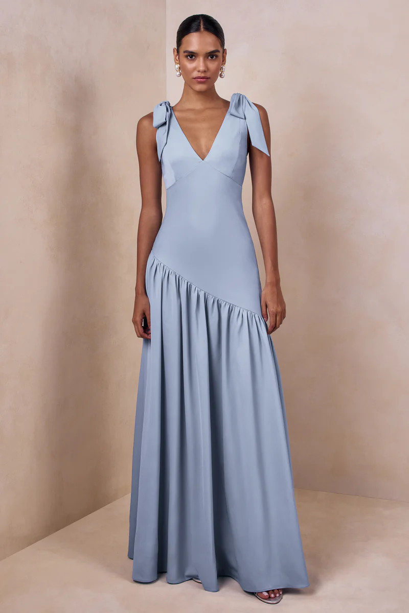 Cala  Powder Blue Matte Satin Plunge-Neck Maxi Dress With Bow-Sleeves | Club L London