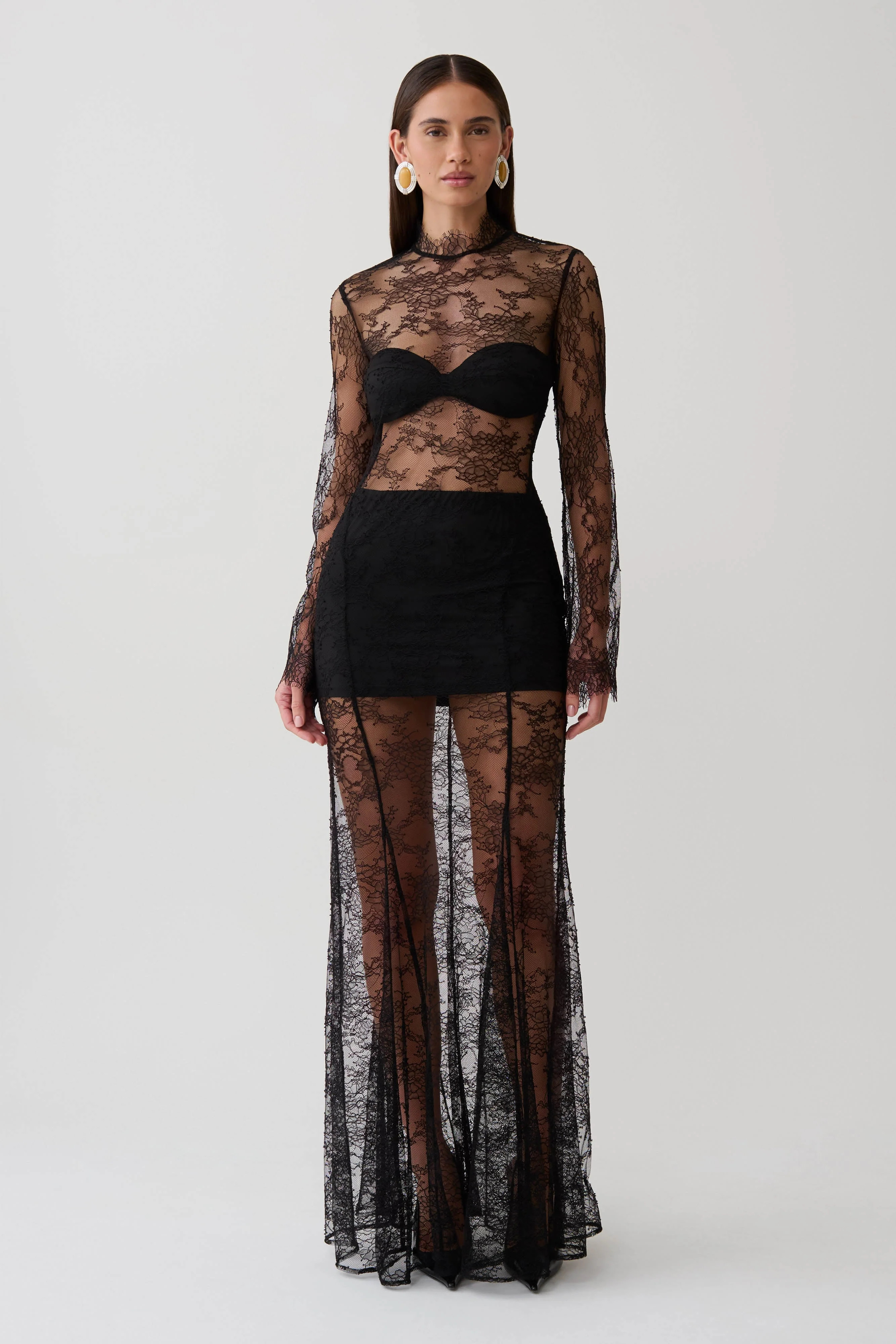 Alizette Long Sleeve Lace Maxi Dress - Black | MESHKI US