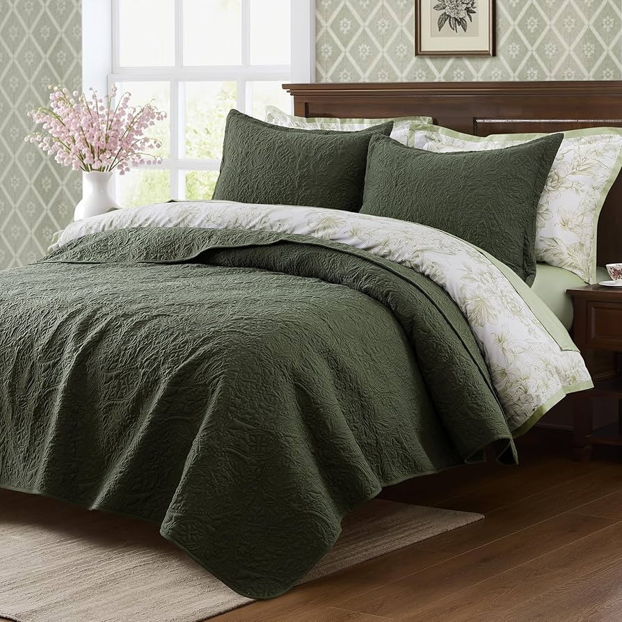Amazon.com: WDCOZY Paisley Quilt Set Queen Size, Olive Green Matelasse Lightweight Bedspread, Sof... | Amazon (US)