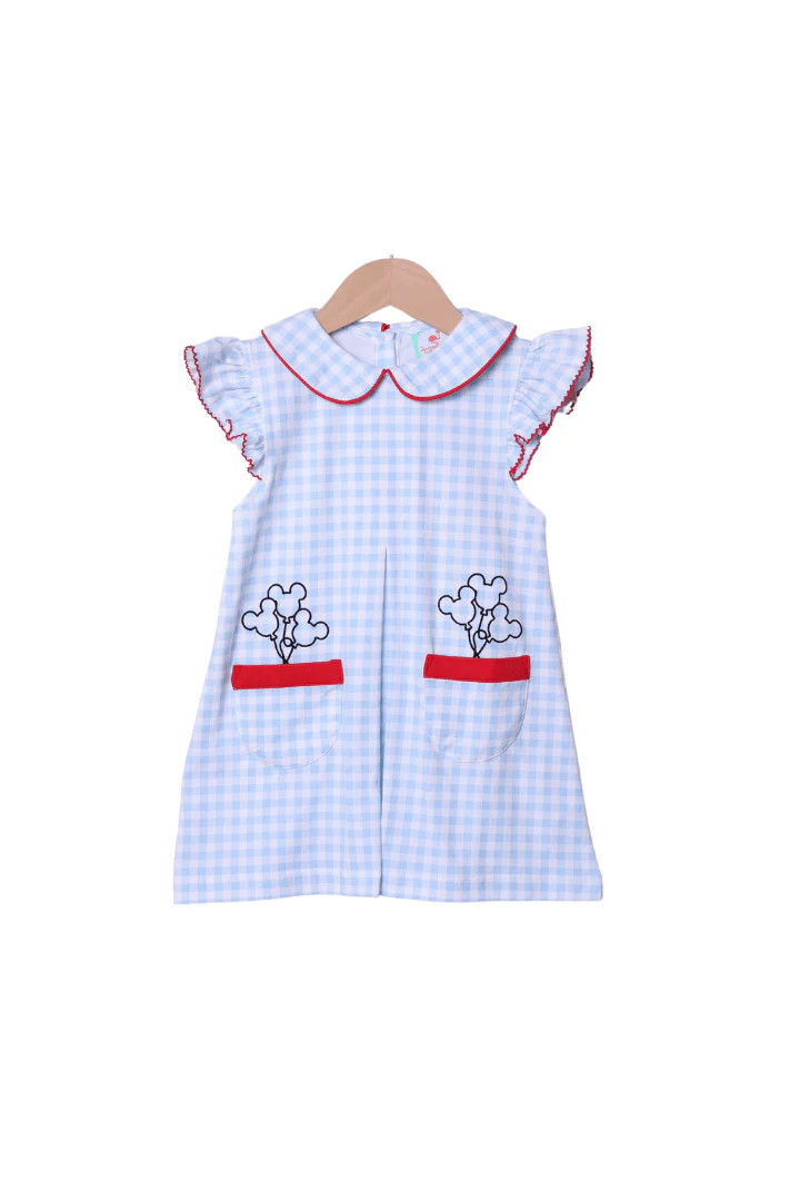 Embroidered Magical Balloon Blue Gingham Knit Dress | The Smocked Flamingo