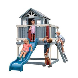 Beacon Heights Indoor Outdoor All Cedar Wooen Elevated Playhouse with Clubhouse, Ladder, Blue Slide, and Play Kitchen | The Home Depot