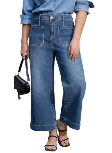 Eytino Womens Plus Size Jeans Trendy High Waisted Wide Leg Stretchy Straight Leg Cropped Denim Pants with Pockets,1X Ashleigh Blue | Amazon (US)