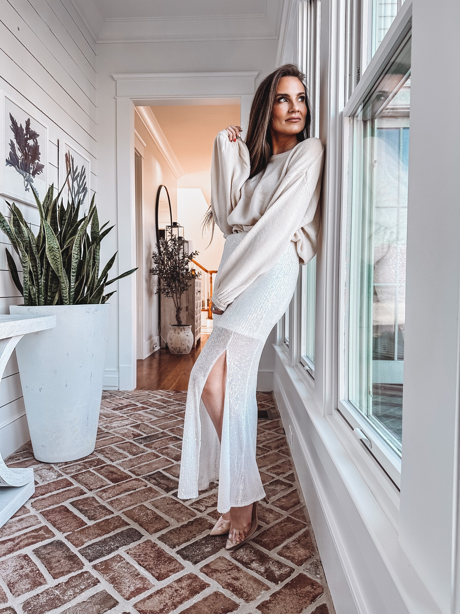 Monochromatic off-white look for winter. Coziest, softest sweater and stretchy sequin skirt. Wearing size Small  

#LTKSeasonal #LTKwedding #LTKFind