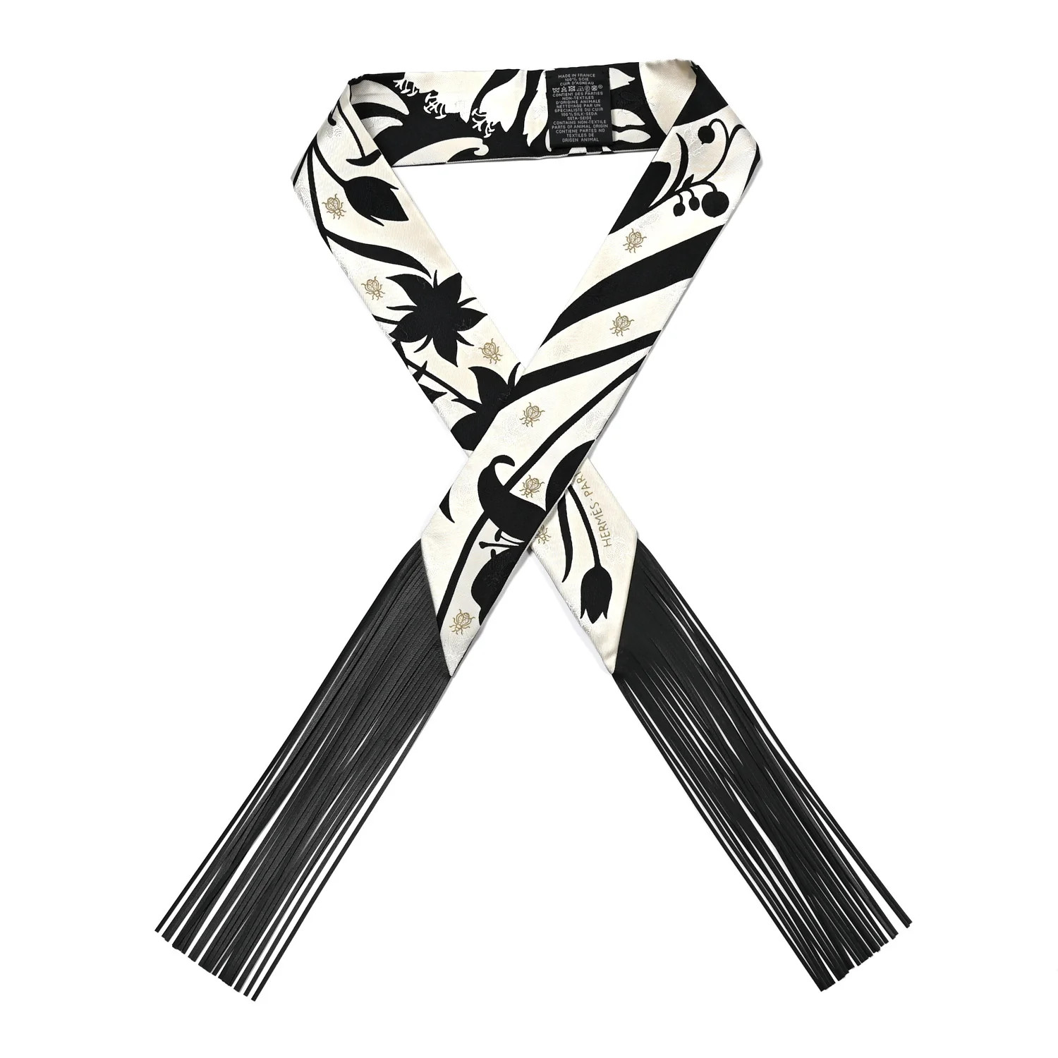 Silk Calfskin Bouquet Final Fringed Twilly Creme Black | FASHIONPHILE (US)