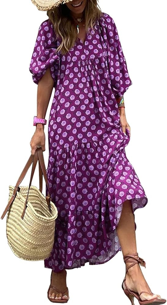 miduo Womens Loose Fit Casual Summer V Neck Half Sleeve Bohemian Geometric Pattern Maxi Long Dres... | Amazon (US)