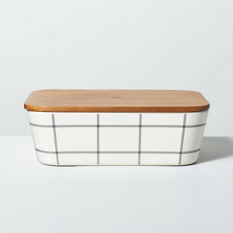45oz Grid Pattern Bamboo-Melamine Bento Food Storage Box with Wood Lid Gray/Cream - Hearth &#38; ... | Target