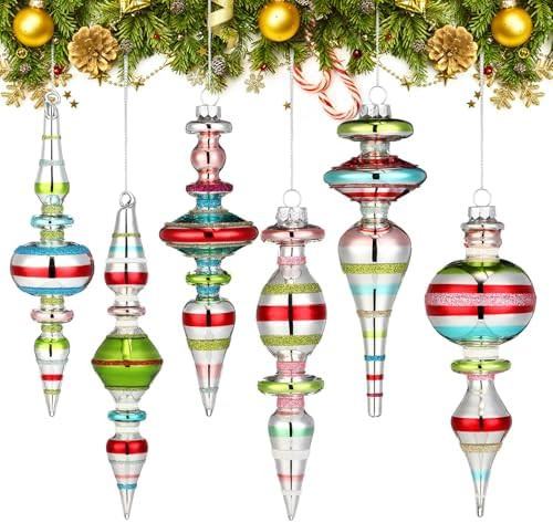 Soulchen 6 Pcs 6.3 Inch Glass Finial Christmas Ornaments Silver Drop Hanging Christmas Tree Hangi... | Amazon (US)