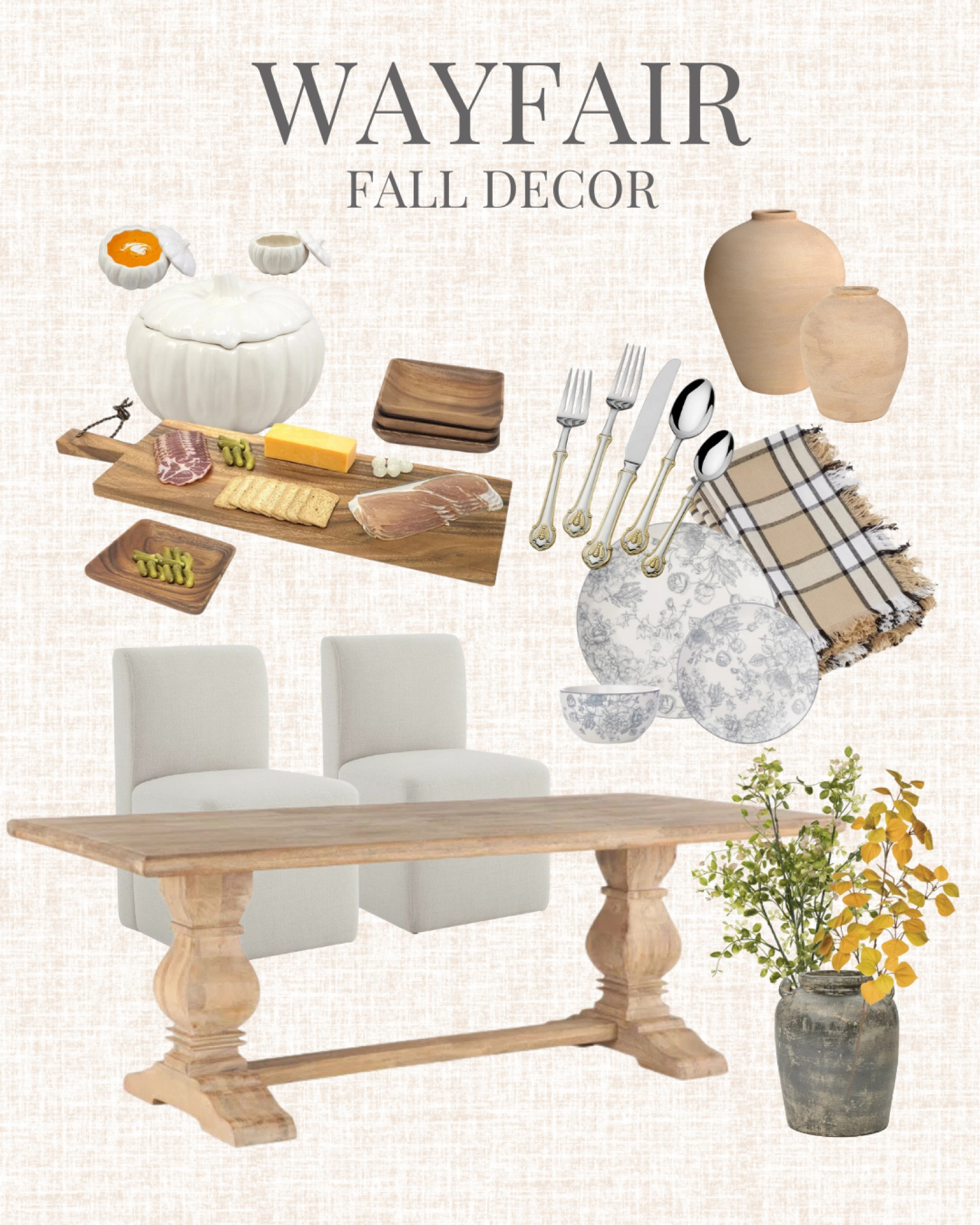 @Wayfair, #Wayfair, #Wayfairpartner, dining table, dining chair, vase, artificial stem, silverware, dishware, cloth napkin, charcuterie board, pumpkin 

#LTKHome #LTKOver40 #LTKSaleAlert