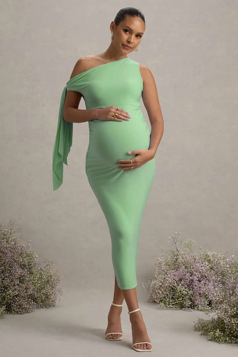 Katarine  Light Green Asymmetric Knot Maternity Midi Dress | Club L London