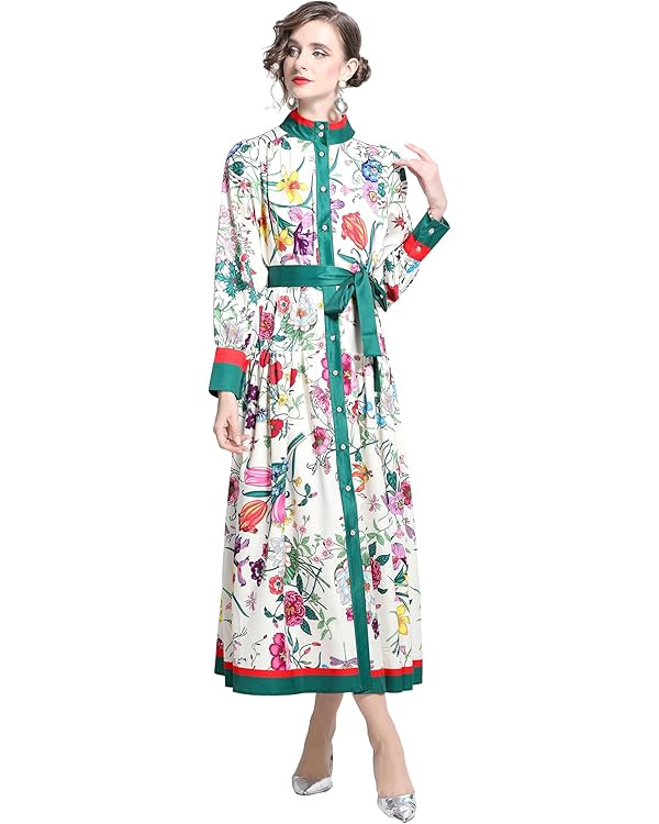 LAI MENG FIVE CATS Women's Floral Print Long Lantern Sleeve Button Up Loose Casual Maxi Dress | Amazon (US)