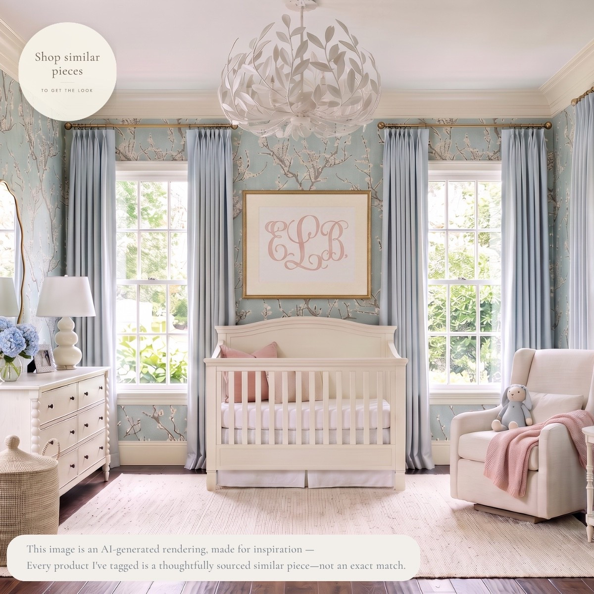 Soft blues, blush accents, classic florals, and timeless furniture create a nursery that feels calm from the moment you walk in. I rounded up thoughtfully sourced similar pieces to help you bring this sweet, classic look home.

AI-generated design concept for inspiration • Products are similar, not exact • Affiliate links may be used. As an Amazon Associate, I earn from qualifying purchases.

#LTKBaby #LTKHome

#LTKHome #LTKBaby