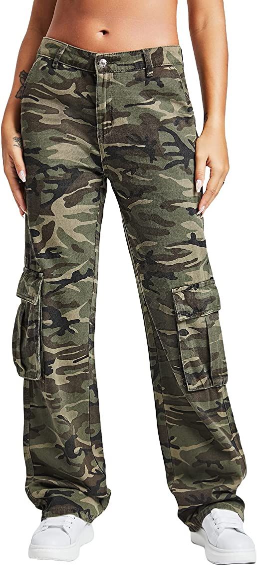 WDIRARA Women's Camo Print Cargo Jeans High Waist Wide Leg Denim Army Pants | Amazon (US)