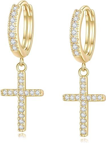 14K Gold Plated Drop Dangle Cross Hoop Earrings Trendy Gold Cross Earrings for Women Girls Small ... | Amazon (US)