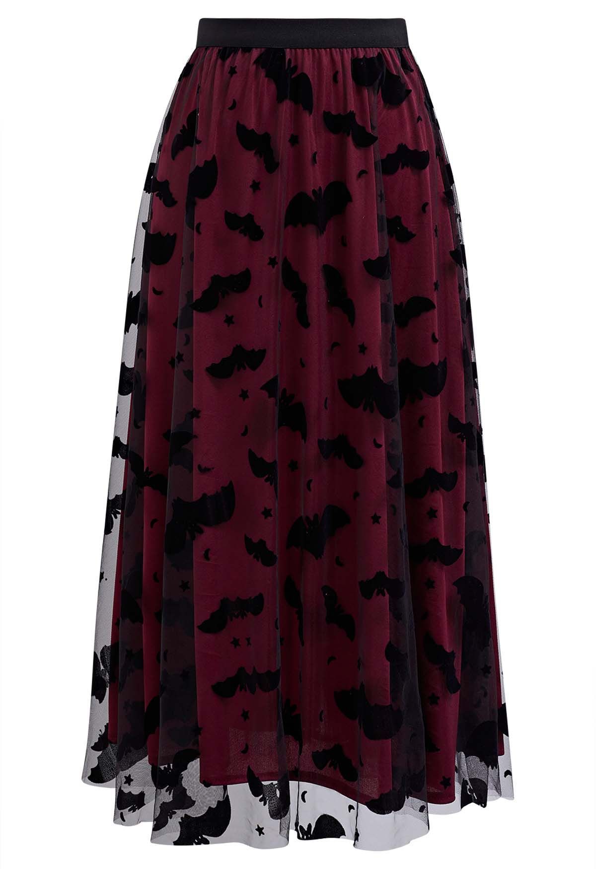 Velvet Bats Mesh Tulle Midi Skirt in Burgundy | Chicwish