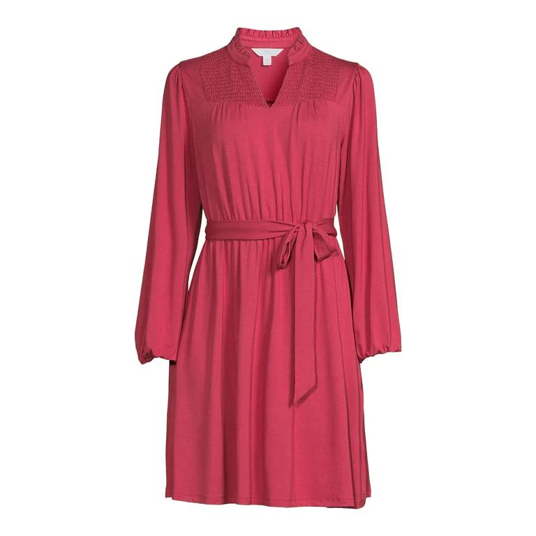 Time and Tru Women's Smocked Neck Mini Dress with Long Sleeves, Sizes XS-XXXL | Walmart (US)