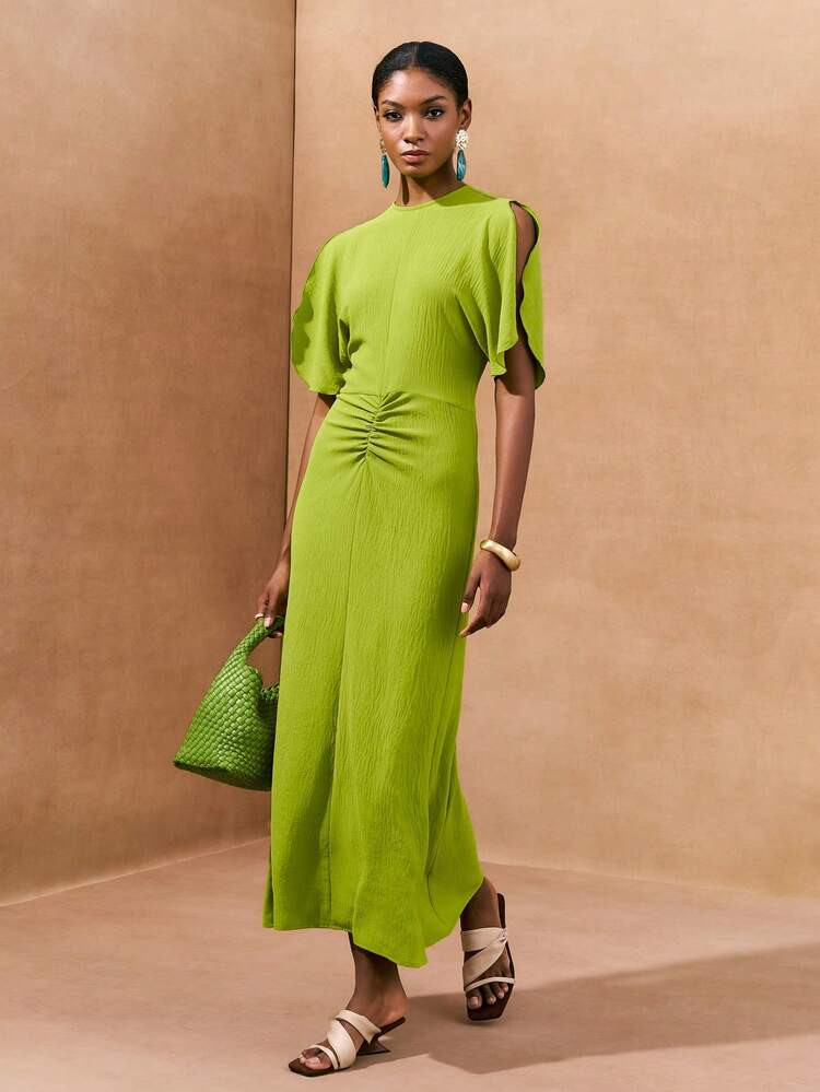 Zivah 2025 Spring New Arrival Casual Elegant Minimalist Streetwear Fitted Silhouette Hidden Back Zipper Casual Romantic Woven Fabric Yellow-Green Round Neck Short Sleeve Waist Ruched Maxi Dress | SHEIN