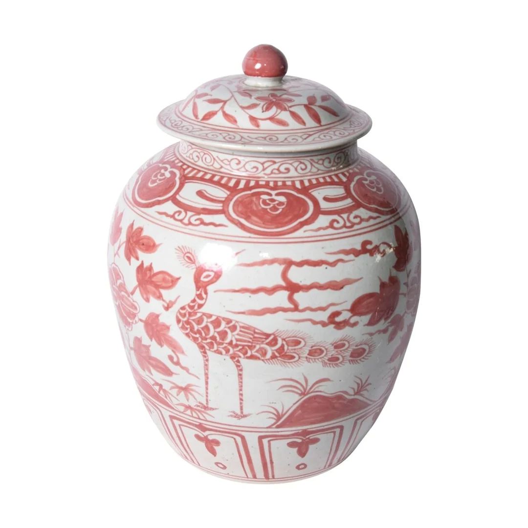 Coral Red Ginger Jar Bird Motif in Two Sizes | Burke Decor