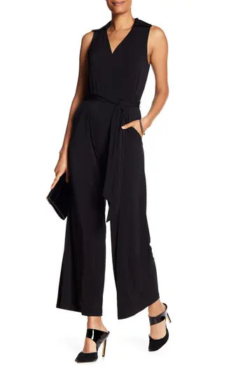 Nina Leonard Solid Tie Waist Jumpsuit in Black at Nordstrom Rack, Size X-Large | Nordstrom Rack