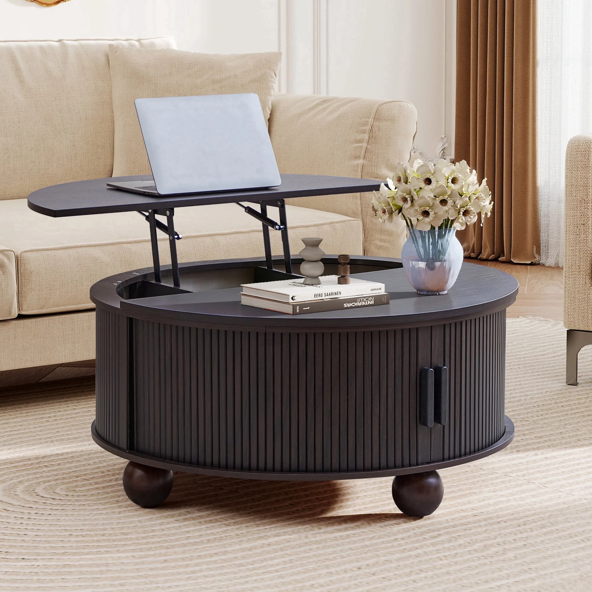 YOCWO Lift Top Coffee Table with Sliding Door and Round Leg, Fluted Round Coffee Table with Hidde... | Walmart (US)