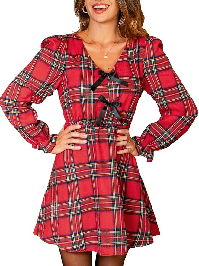 CUPSHE Women's Fall Dresses Plaid V Neck Bowknot Long Sleeve Smocked A Line Babydoll Mini Dress | Amazon (US)