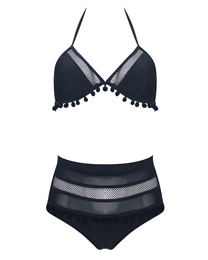 MOSHENGQI Women's High Waisted 2 Pieces Bathing Suit Tassel Swimsuit Striped Halter Bikini Set | Amazon (US)