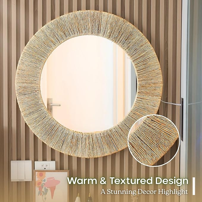 24 Inch Natural Jute Mirror, Wall Mounted Round Mirror with Metal Frame, Wall Decor Rustic Farmho... | Amazon (US)