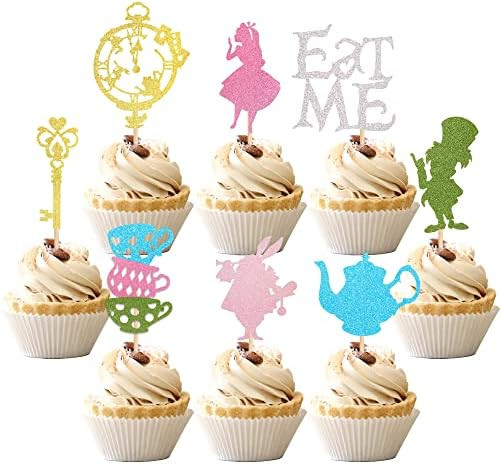 24 PCS Magic Alice Cupcake Toppers Glitter Bowl Key Clock Fairy Eat Me Cupcake Picks Tea Party Ca... | Amazon (US)