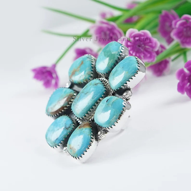 Natural Turquoise Cluster Ring Kingman Turquoise Ring Fancy - Etsy | Etsy (US)