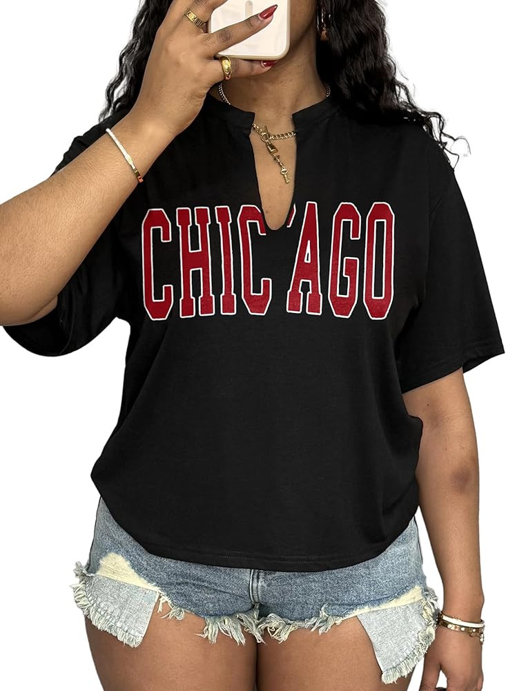 LovelyWholesale Womens Oversized Graphic Tees V Neck Summer Casual Short Sleeve T Shirt | Amazon (US)