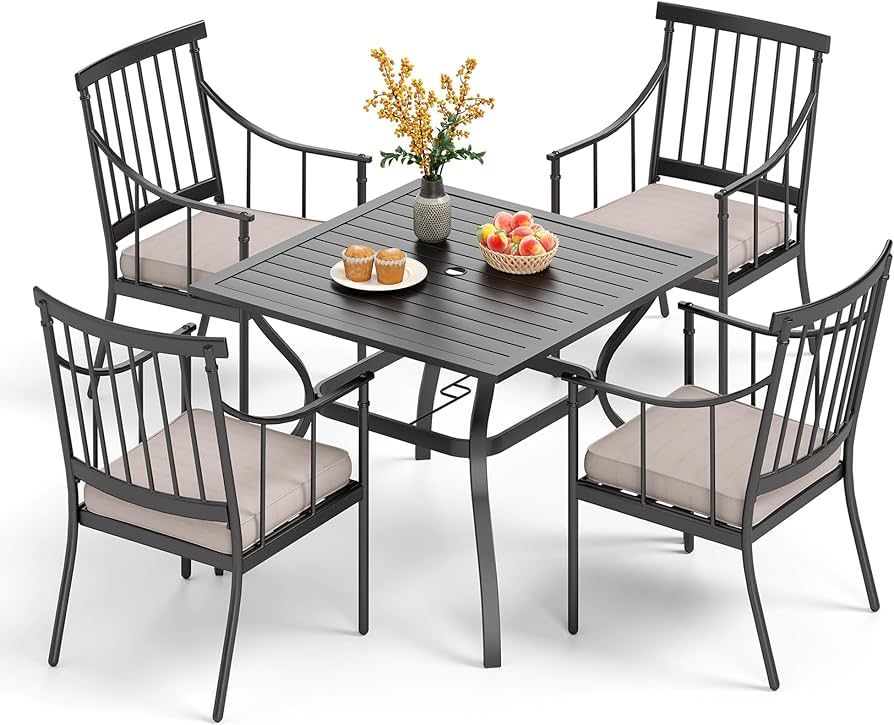 PHI VILLA 5 Piece Outdoor Dining Set with Cushion, 37” Square Metal Dining Table with Umbrella ... | Amazon (US)