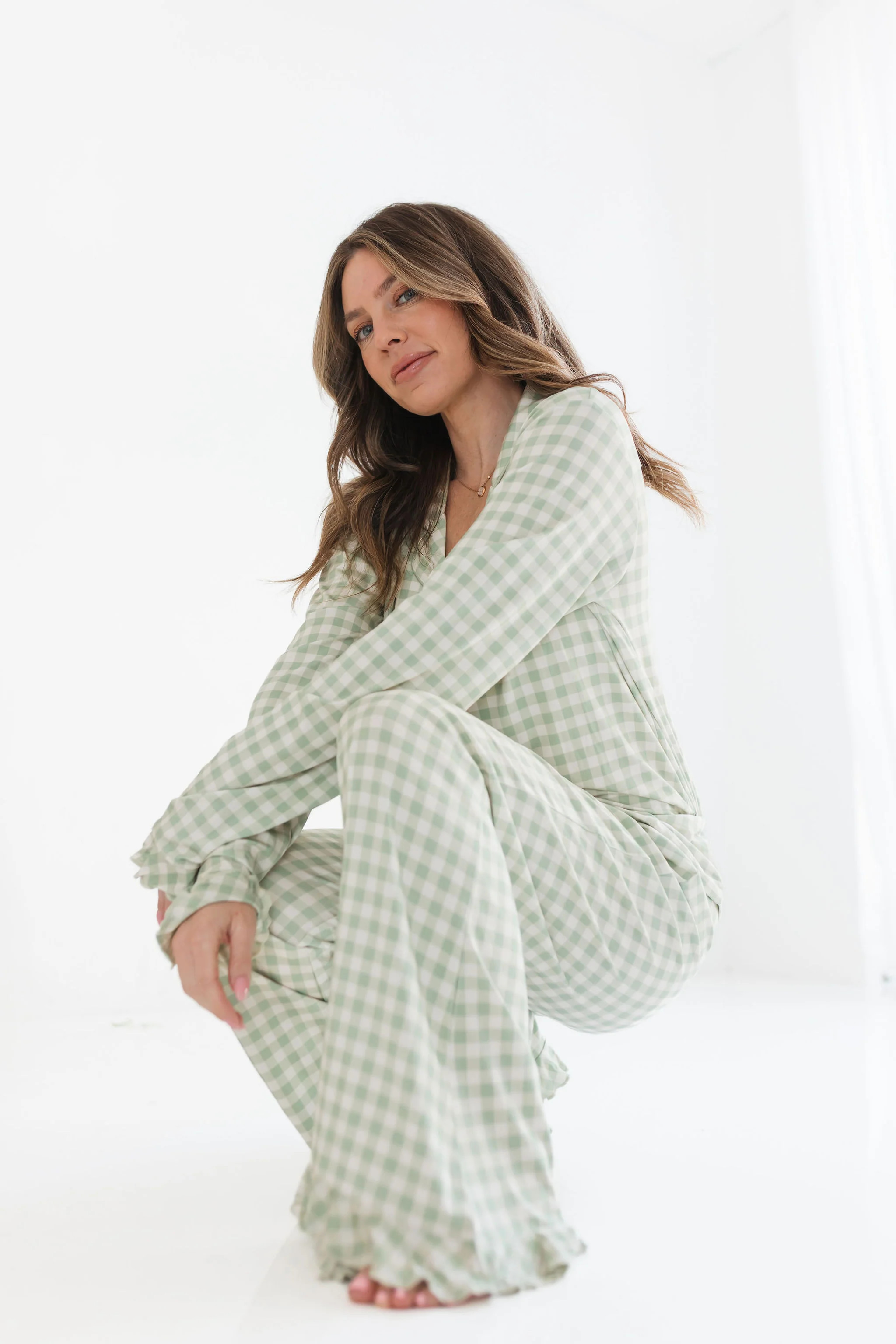 Green Gingham Women's Long Sleeve Ruffle Set | In My Jammers