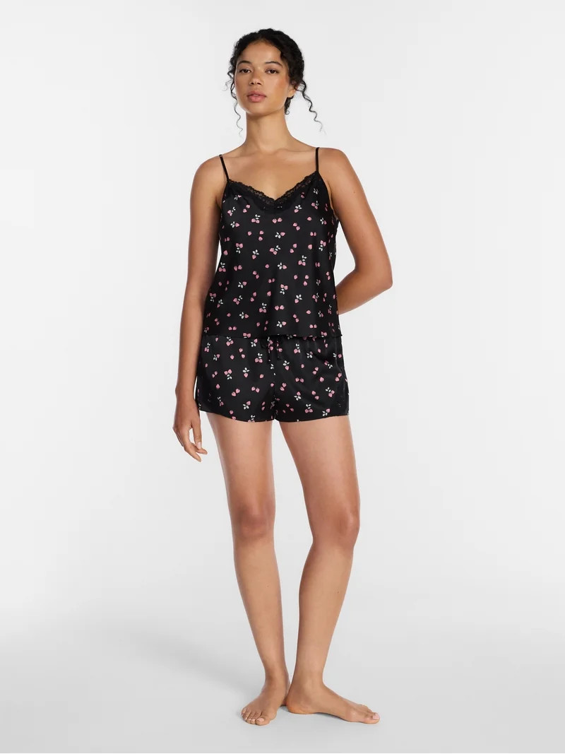Joyspun Women's Lace Trim Stretch Satin Cami and Shorts Set, 2-Piece, Sizes XS-3X | Walmart (US)