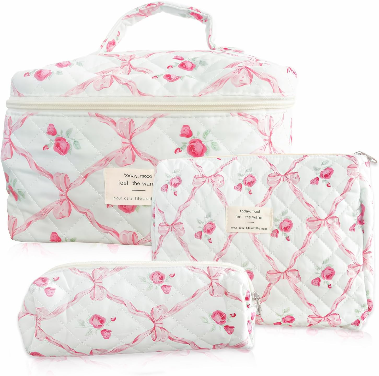 Floral Bow Makeup Bag for Women Teen Girl, 3 Pack Quilted Cosmetic Bag, Flower Cotton Make Up Bag... | Amazon (US)