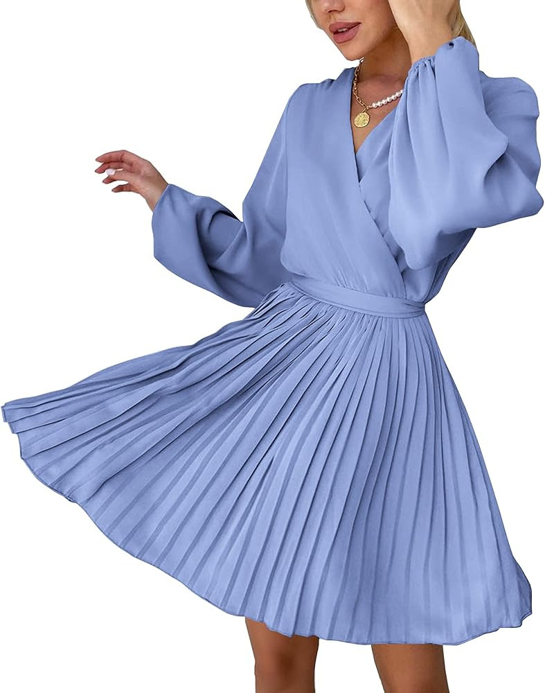 BTFBM Women Casual Summer Fall Dresses 2023 Boho Wrap V Neck Puff Long Sleeve Cocktail Flowy Plea... | Amazon (US)