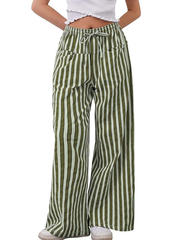 MISSACTIVER Women Drawstring Striped Pants Loose Wide Leg Trousers Casual Low Waist Pants Comfy L... | Amazon (US)