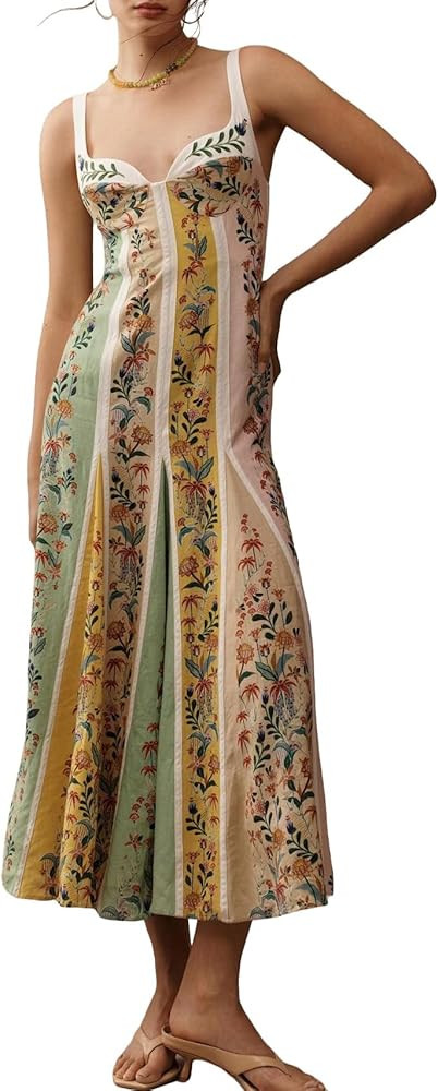 Women's Boho Print Dress Sleeveless Backless Halter High Waist A Line Beach Vacation Long Dress | Amazon (US)