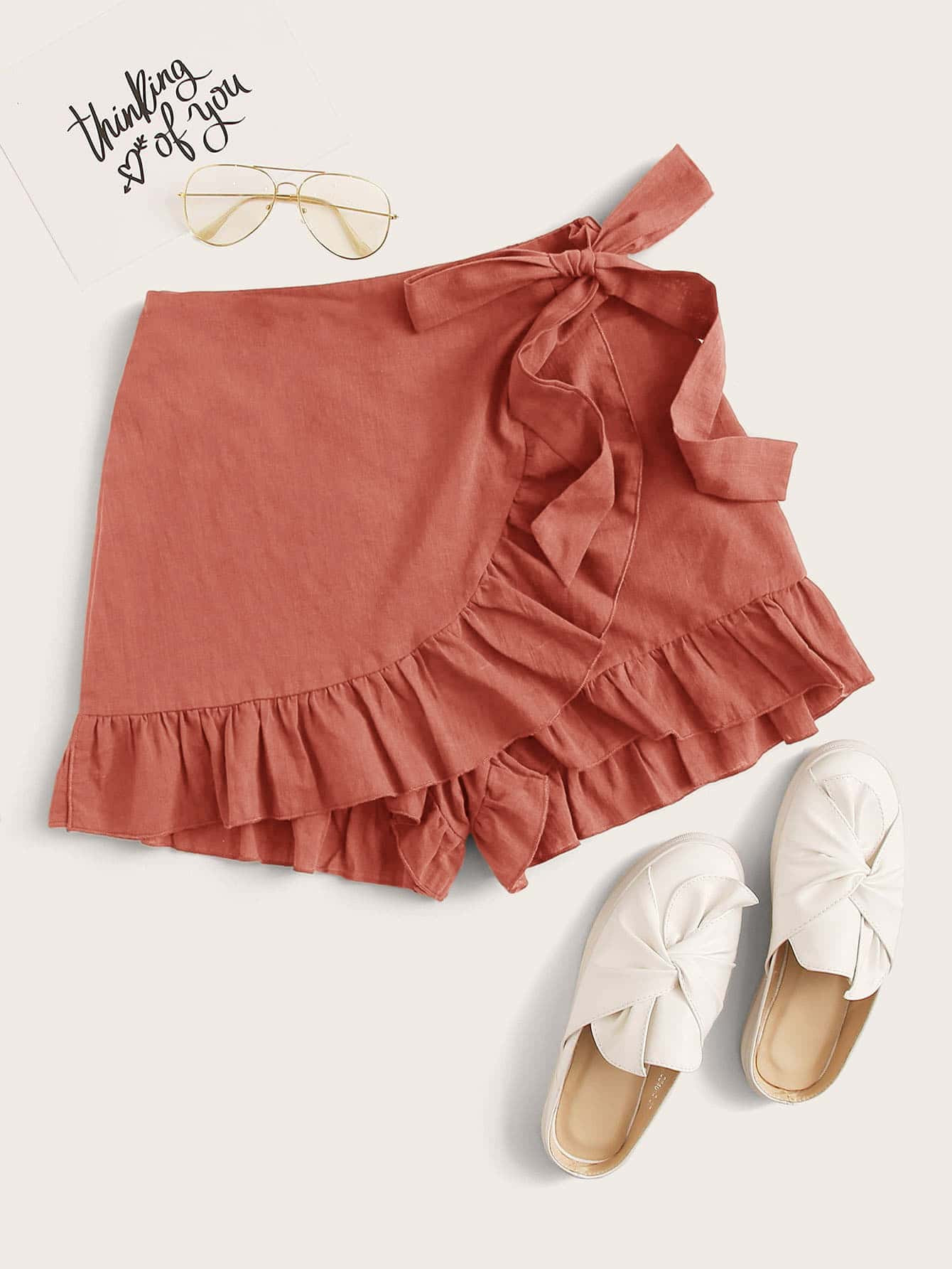 SHEIN Plus Tie Side Ruffle Trim Solid Skort | SHEIN