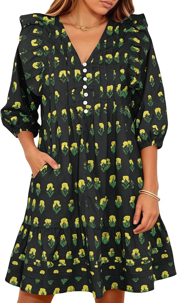 Wenrine Womens Mini Dresses Casual Ruffle 3/4 Lantern Sleeve Floral V Neck Loose Boho Babydoll Dr... | Amazon (US)