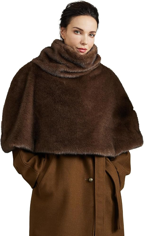 Women Faux Fur Cape Poncho 1920s Mink Fur Wraps for Halloween Christmas Cosplay | Amazon (US)