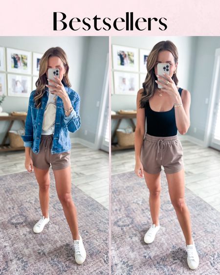 Amazon knit shorts (XS). Casual outfit. Summer outfit. Mom outfit. Amazon whjte t-shirt (XS). Amazon denim jacket (XS, soft/stretchy). Amazon summer shorts. Casual style. Travel outfit. Airport outfit. I LOVE these shorts!! Veja Esplar sneakers. 

#LTKunder50 #LTKshoecrush #LTKtravel