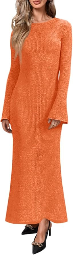 Yousify Womens Bell Long Sleeve Maxi Dress Casual Crewneck Knit Slim Fit Flowy Sweater Dresses | Amazon (US)