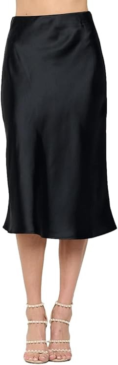 Women Solid High Waist Silky Casual Elastic Satin Midi Skirt -Made in USA (Available in Plus Size... | Amazon (US)