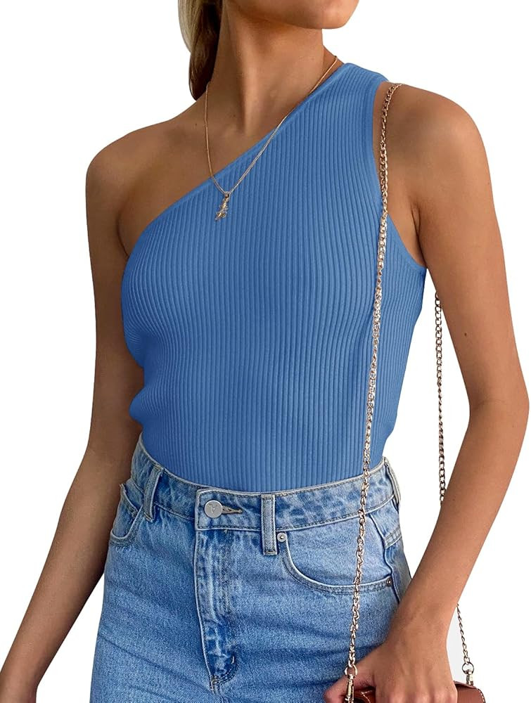 ZESICA Women's One Shoulder Tank Summer Sleeveless T Shirt Ribbed Knit Slim Fit Sexy Casual Basic... | Amazon (US)