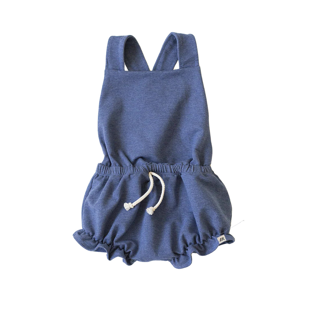 Denim Ruffle Shortie Romper | Little Road Co.