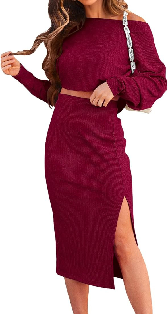 dowerme Women's Fall 2 Piece Outfits 2023 Long Sleeve Causal Tracksuits Cute Crop Tops Bodycon Mi... | Amazon (US)