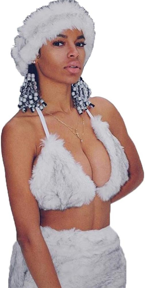 Women Faux Fur Crop Top Triangle Bra Sexy Halter Backless Tank Tops for Rave Festival Clubwear | Amazon (US)