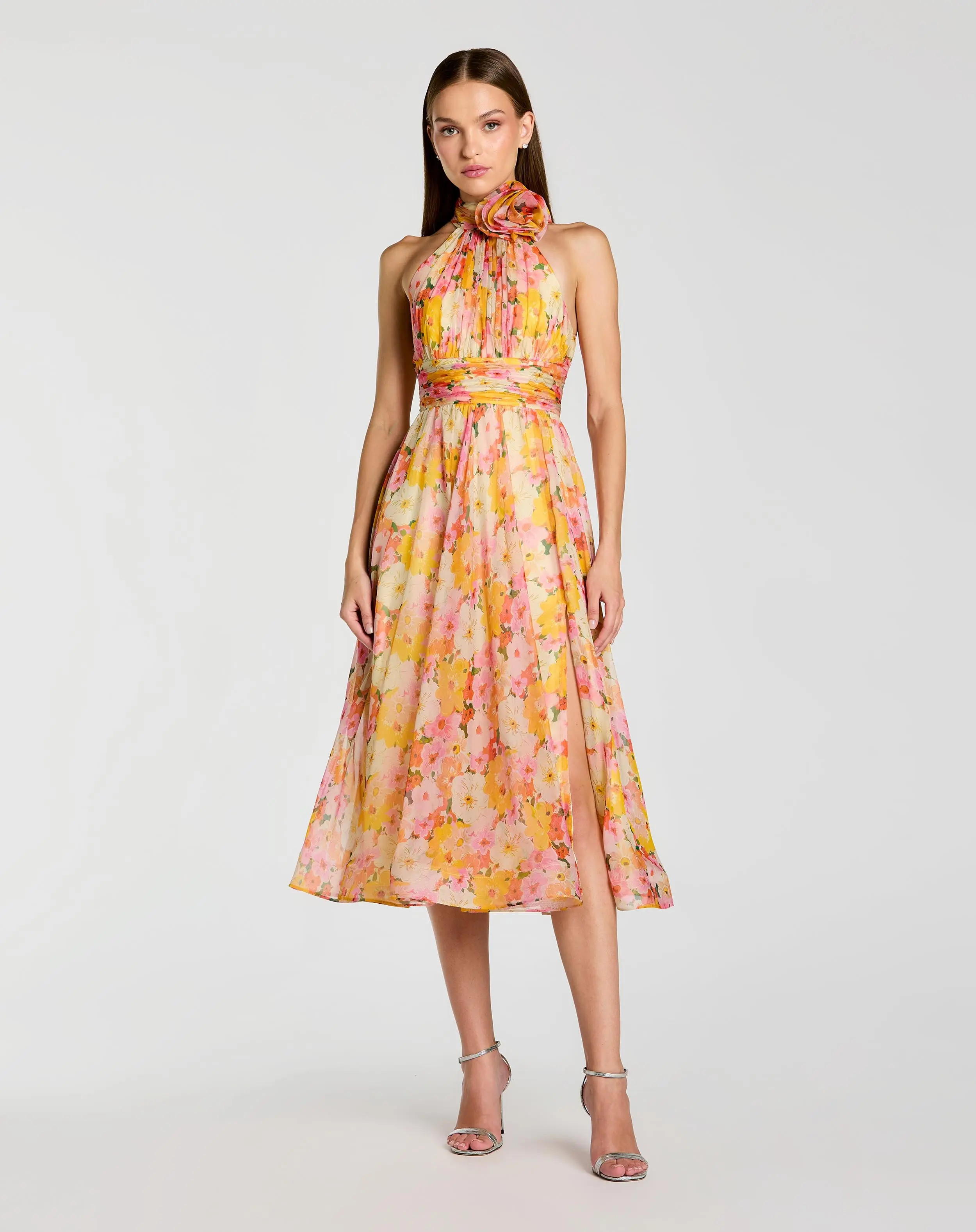 Multicolor Floral Halter Neck Midi Dress With 3D Flower | Mac Duggal | Mac Duggal