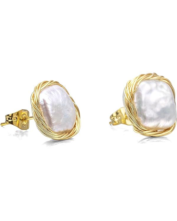 Cowlyn Pearl Stud Earrings Real Baroque Cultured 18K Gold Wrapped Silk Handmade Hypoallergenic Je... | Amazon (US)