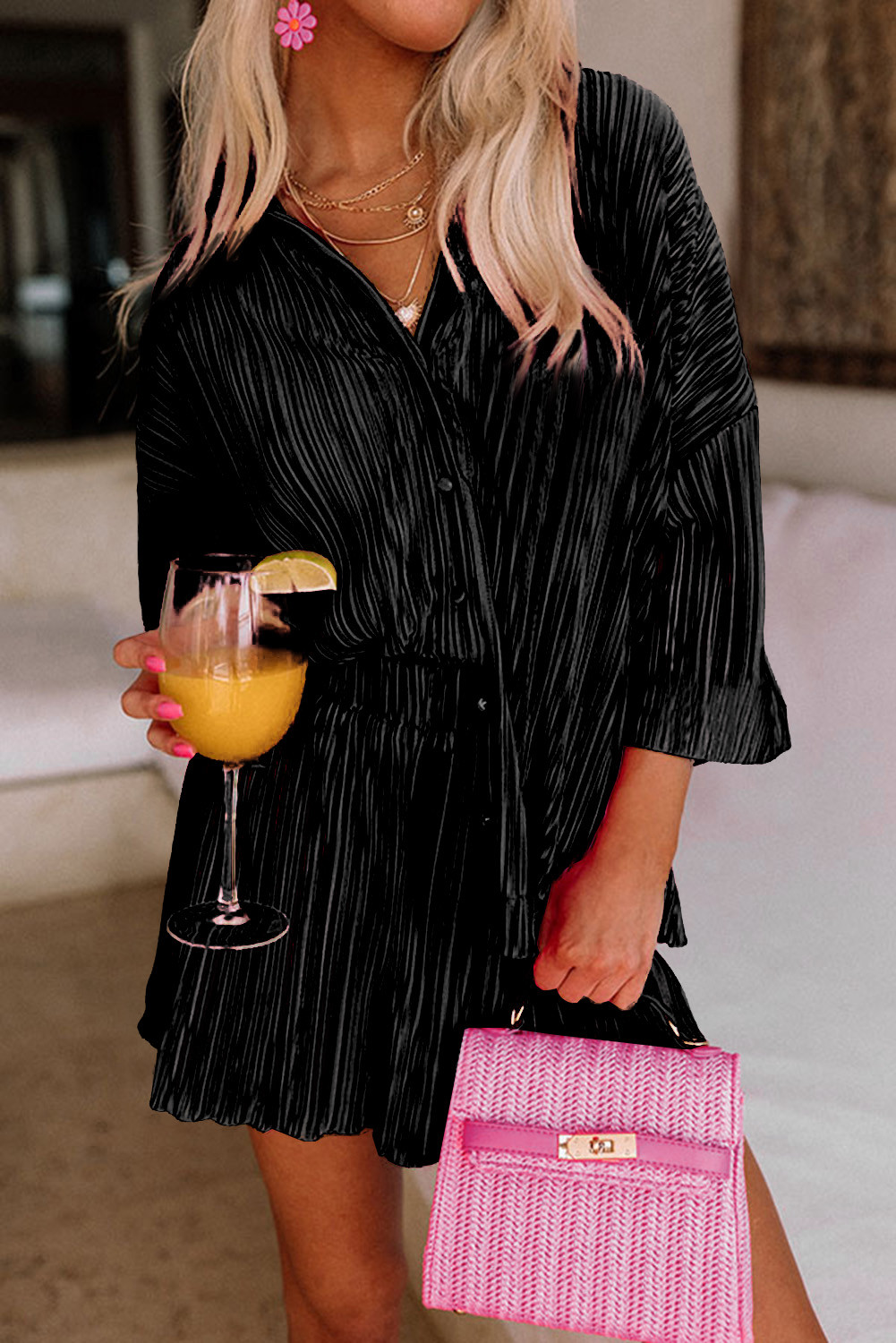 Black Plain Button Up Shirt and High Waisted Shorts Loungewear Set | Shewin