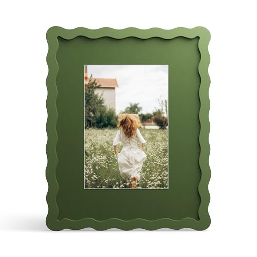THKRLOF 8x10 Picture Frame with Mat for 5x7, Wavy Edge Wooden Real Glass Photo Frame for Tabletop and Wall Hanging, Green, 1 Pack | Amazon (US)